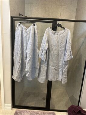 bryn Walker Light Blue/ grey Linen Pantsuit Set